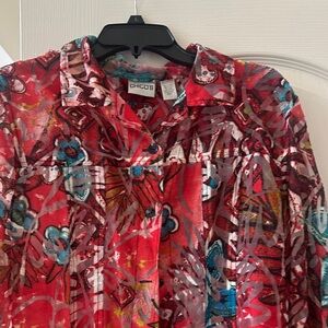 Chico's Red Floral Abstract Button-Front Shirt